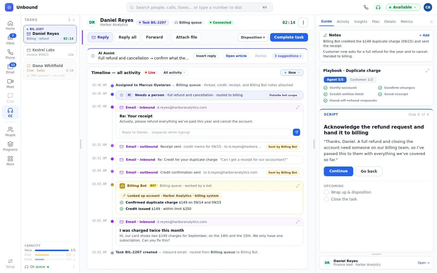 The billing task timeline: the refund and cancellation email, the AI marking it Needs a person and routing it to billing, the assignment to Marcus Oyelaran, and the bot's receipt and confirmation below