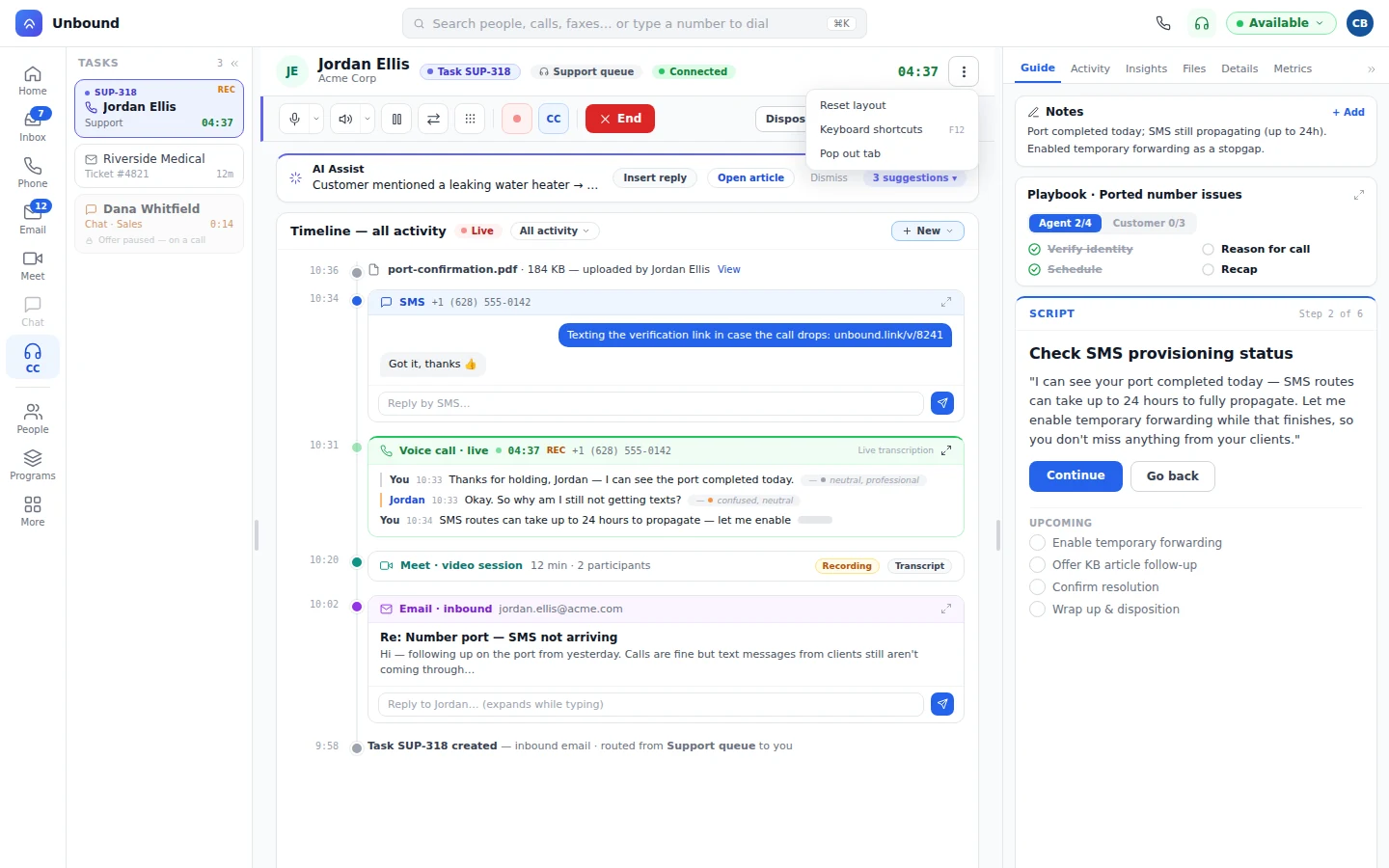 One task timeline with a text thread, a live voice call, and a video session