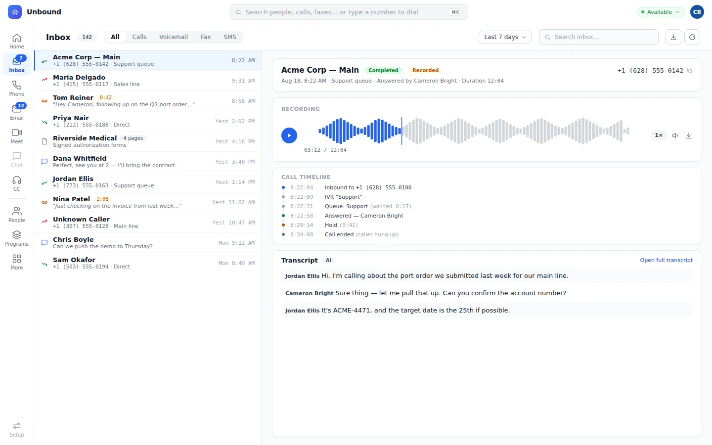 The inbox: calls, voicemail, fax, and SMS in one list, with a recording, timeline, and transcript open