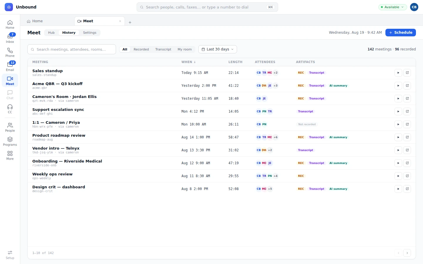Meet history: each meeting with its length, attendees, recording, transcript, and AI summary