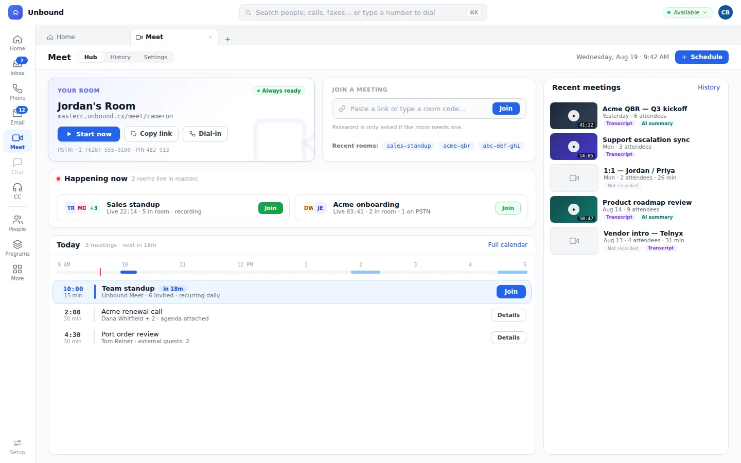 Your room card with its link, Start now, and Copy link