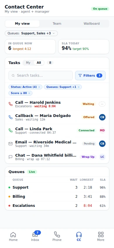 Contact center on a phone with tasks and live queues