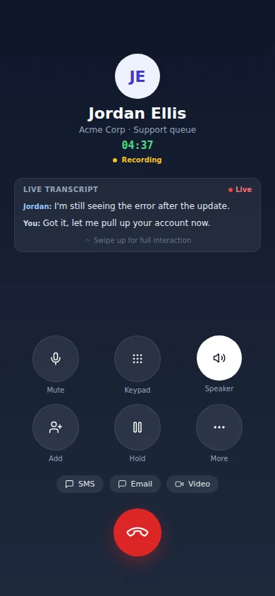 A call on the phone app with the live transcript and SMS, email, and video buttons