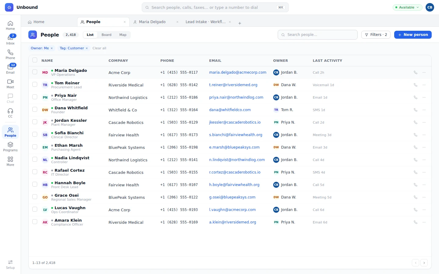 People list with saved filters, owners, and last activity