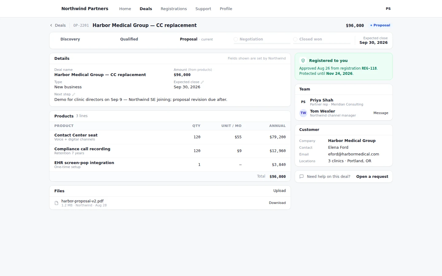 Partner portal deal with stage, details, next step, and products