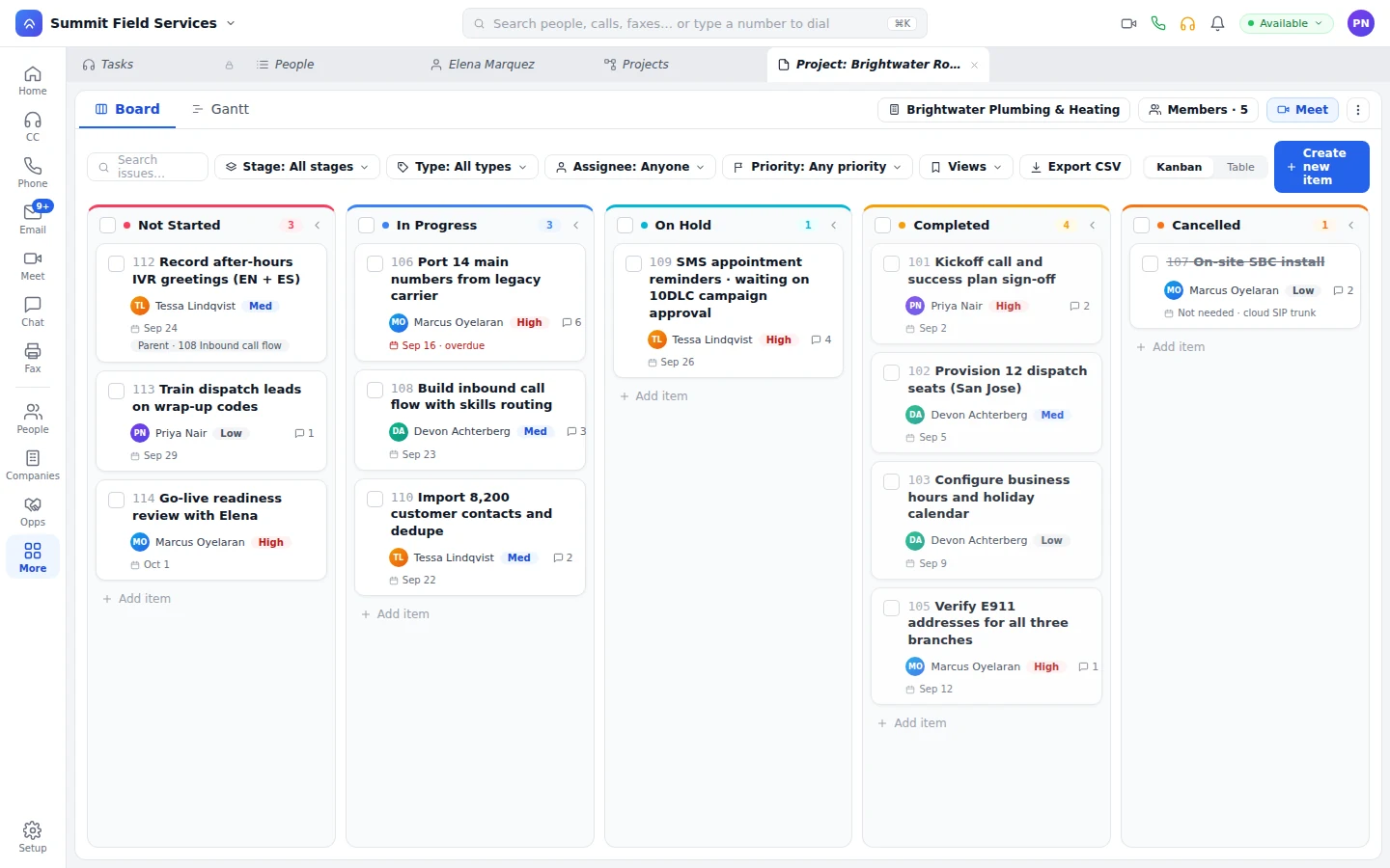 Project board with items by stage, owner, priority, and due date