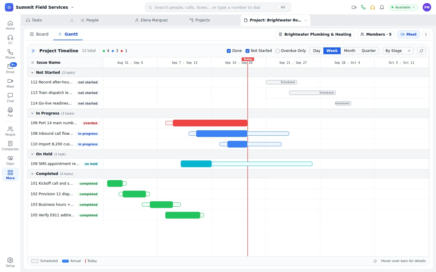Gantt timeline of the project items by stage