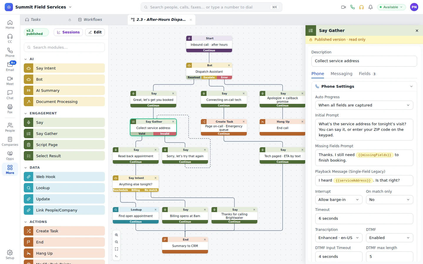 Workflow modules for messages, record updates, and tasks